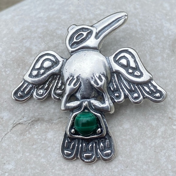 Raven Pendant .925 Sterling Silver w/ genuine Malachite gemstone USA - Picture 3 of 13
